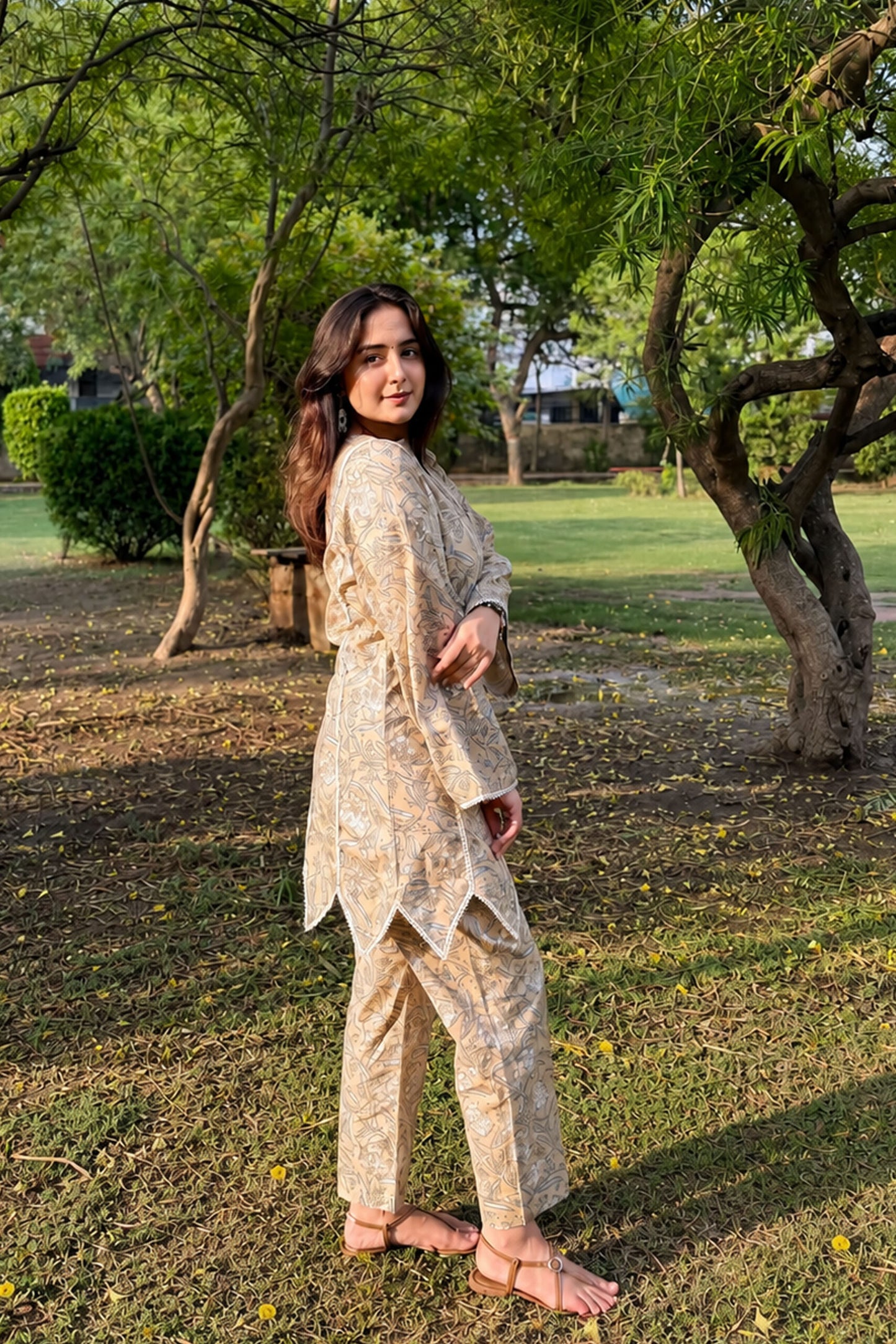 Asymmetrical Mustard kurta with straight pants (Set of 2)