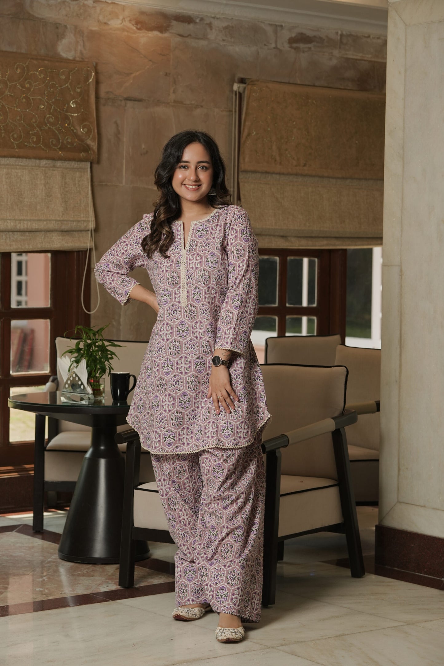 Hand-Block Printed Mauve kurta With Farshi Salwar (Set of 2)