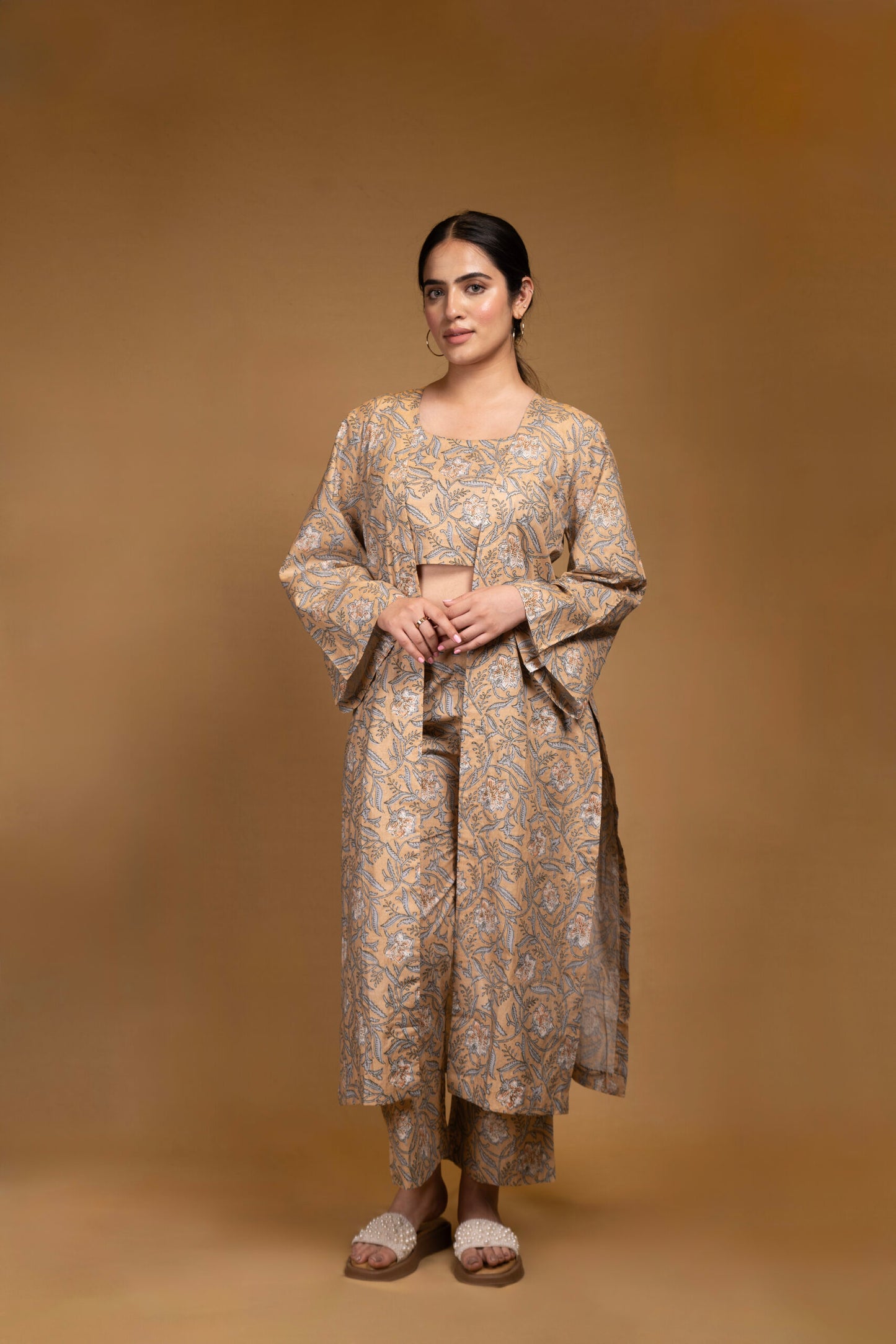 Three piece printed cotton co-ord set with cape