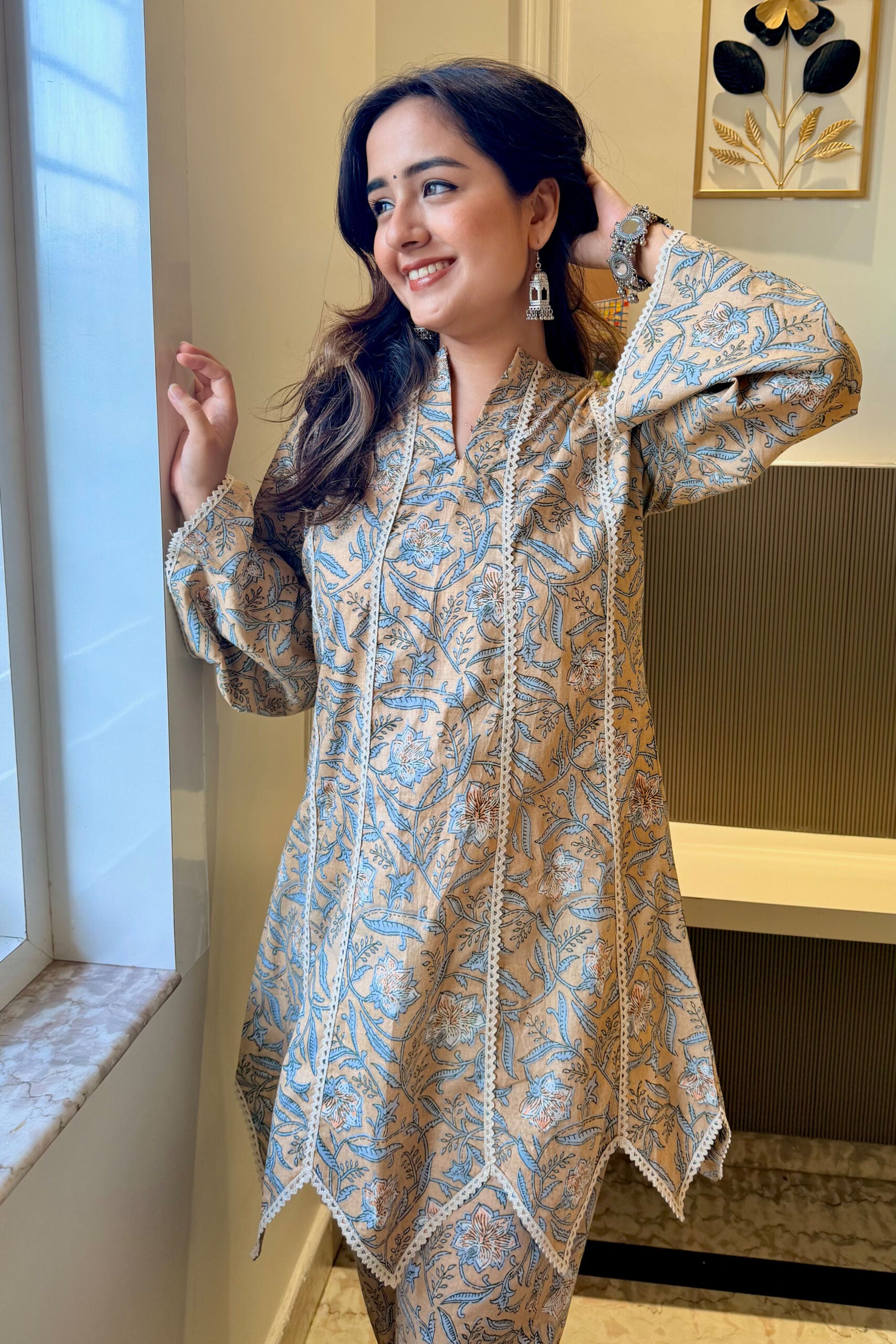Asymmetrical Mustard kurta with straight pants (Set of 2)