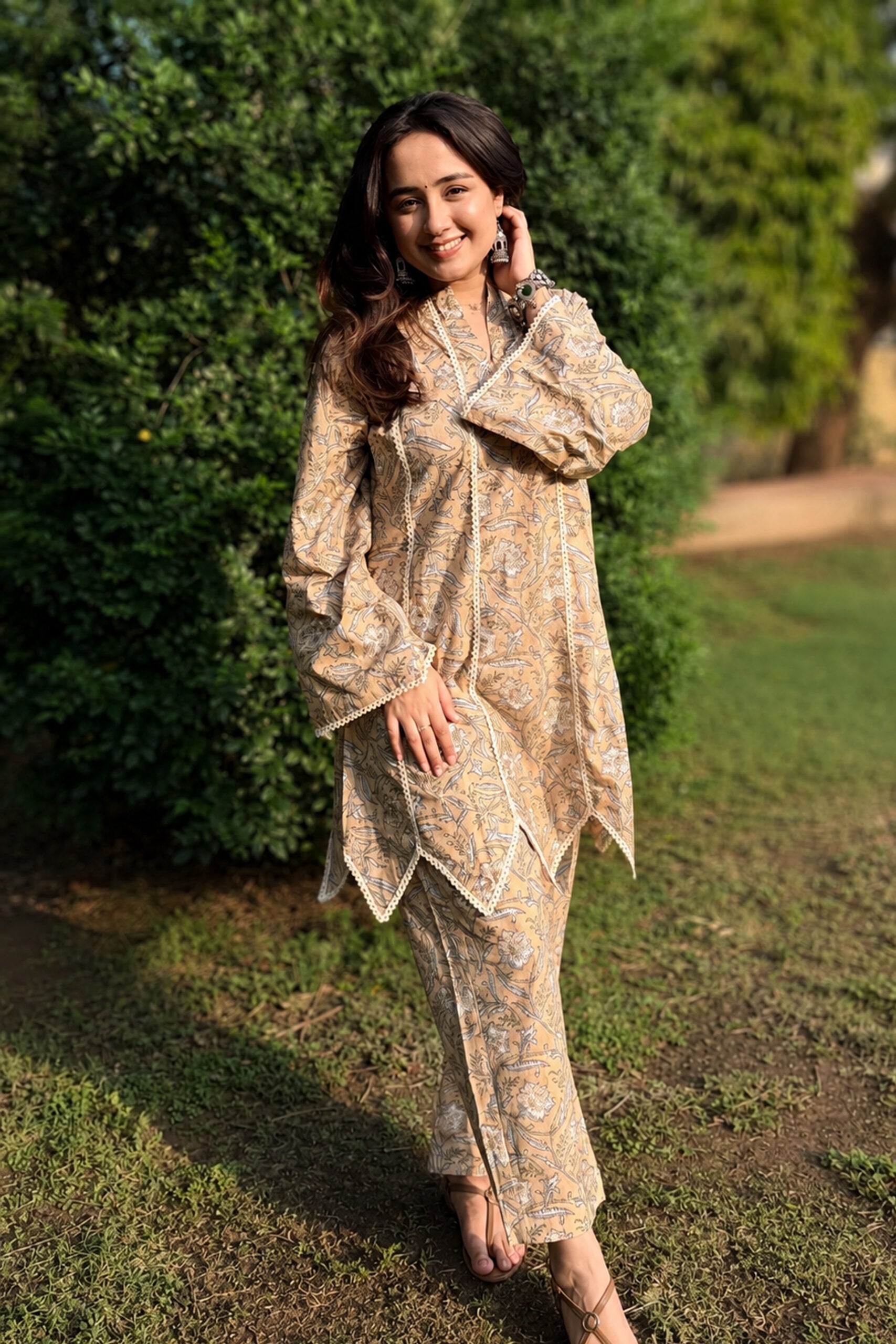 Asymmetrical Mustard kurta with straight pants (Set of 2)