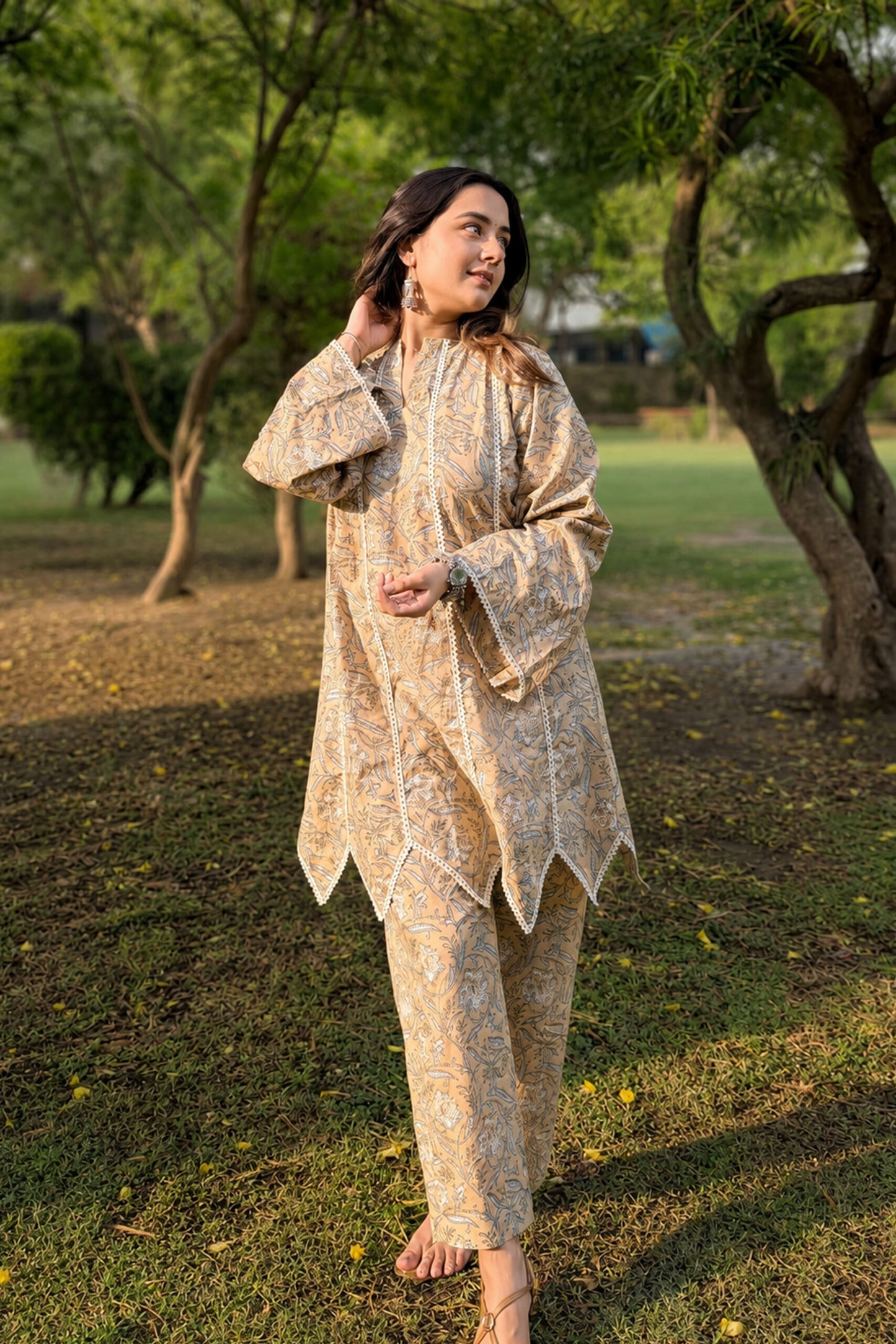 Asymmetrical Mustard kurta with straight pants (Set of 2)