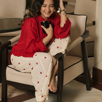 Red Kurta With Heart Detail Bottoms (Set of 2)
