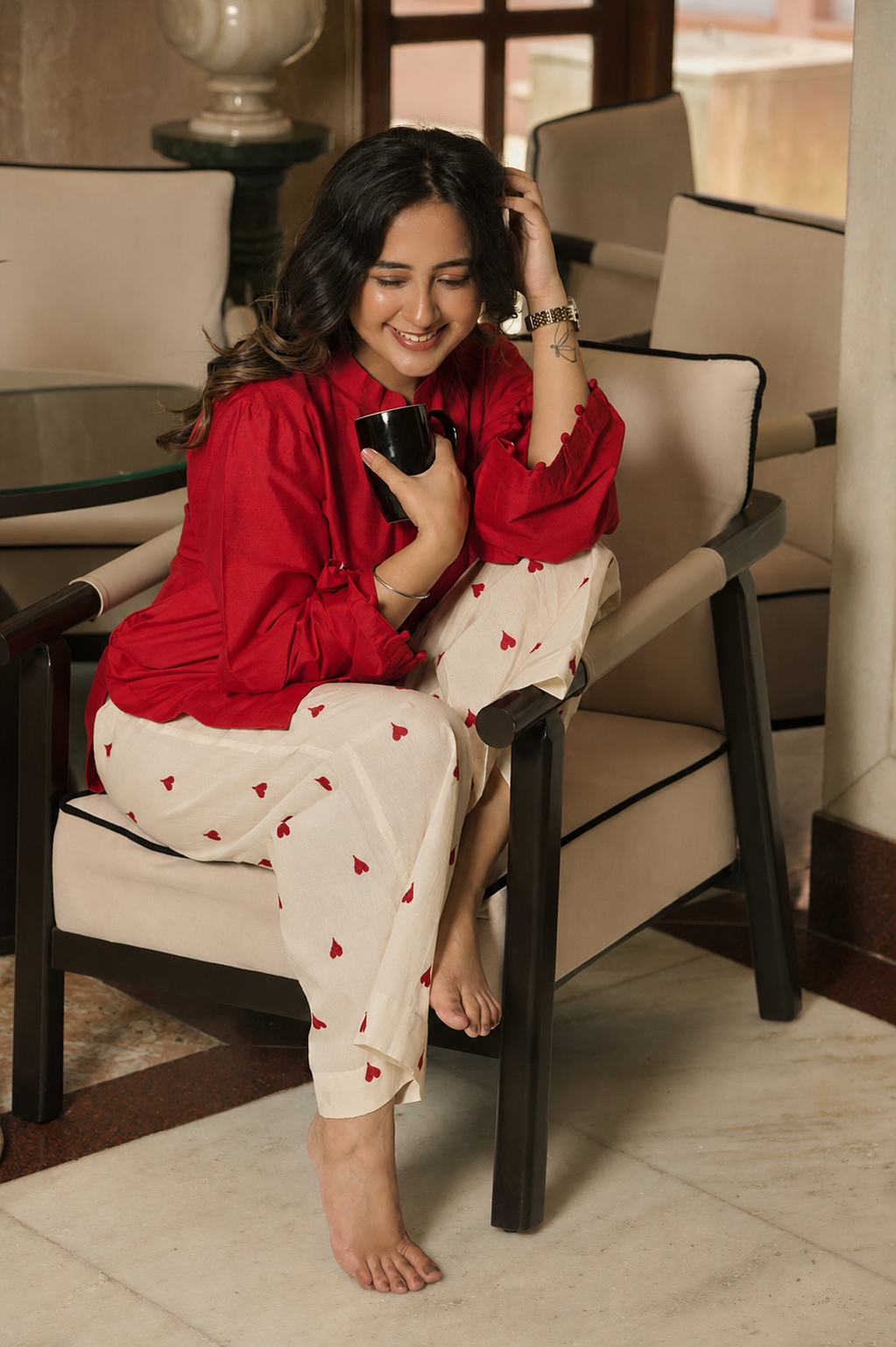 Red Kurta With Heart Detail Bottoms (Set of 2)