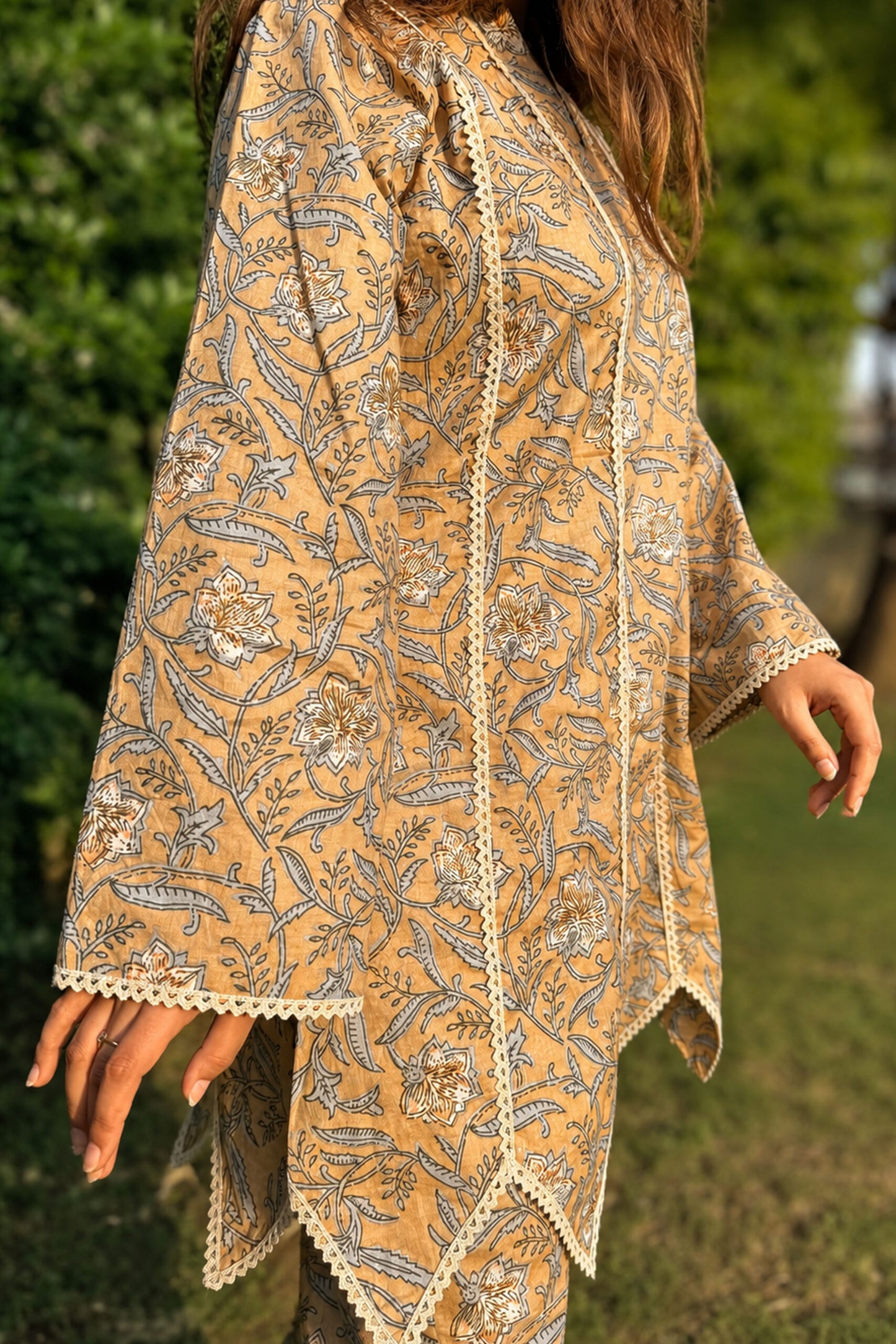 Asymmetrical Mustard kurta with straight pants (Set of 2)