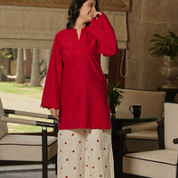 Red Kurta With Heart Detail Bottoms (Set of 2)