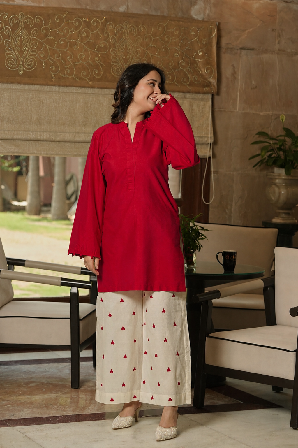 Red Kurta With Heart Detail Bottoms (Set of 2)