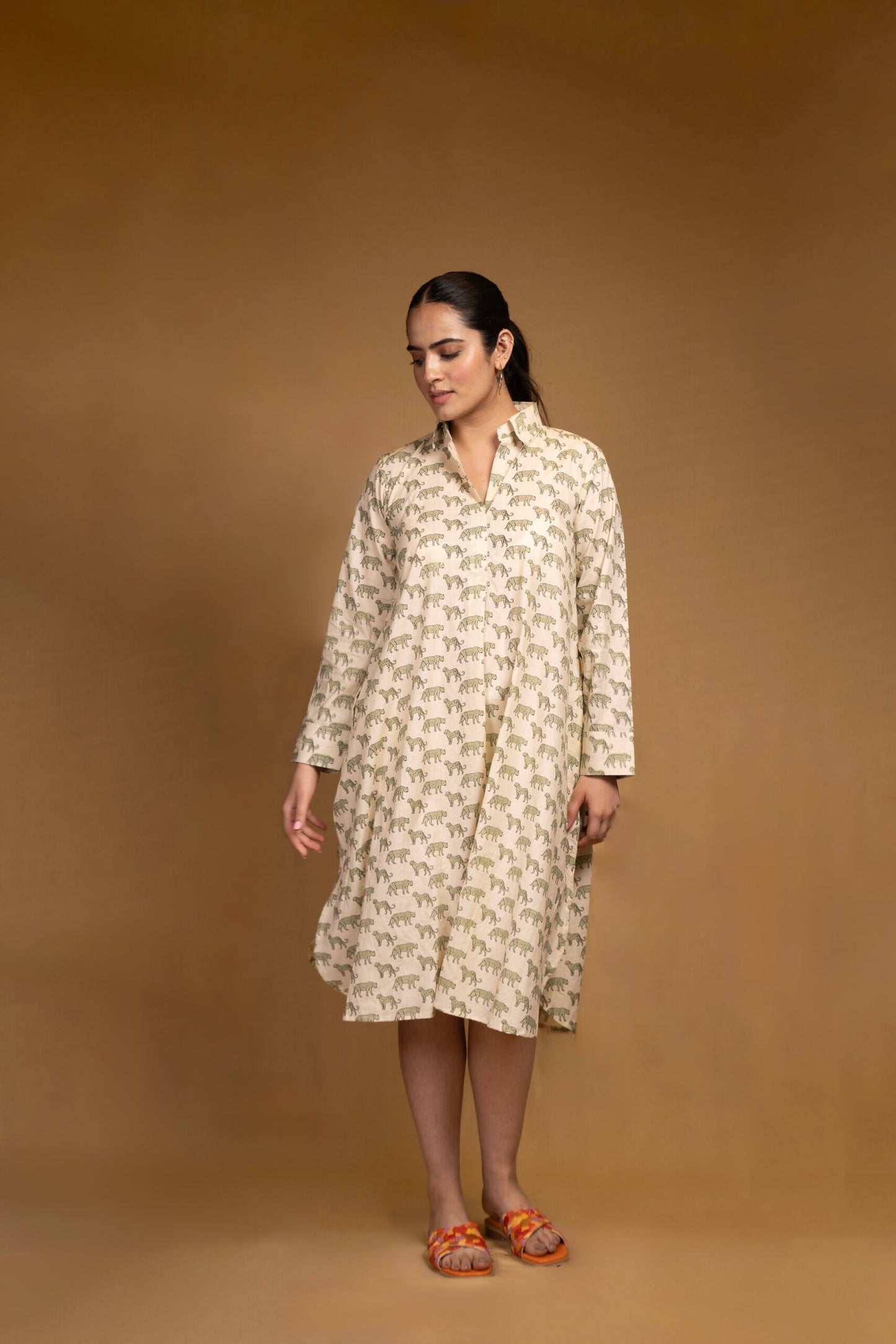Animal print cotton dress with collar