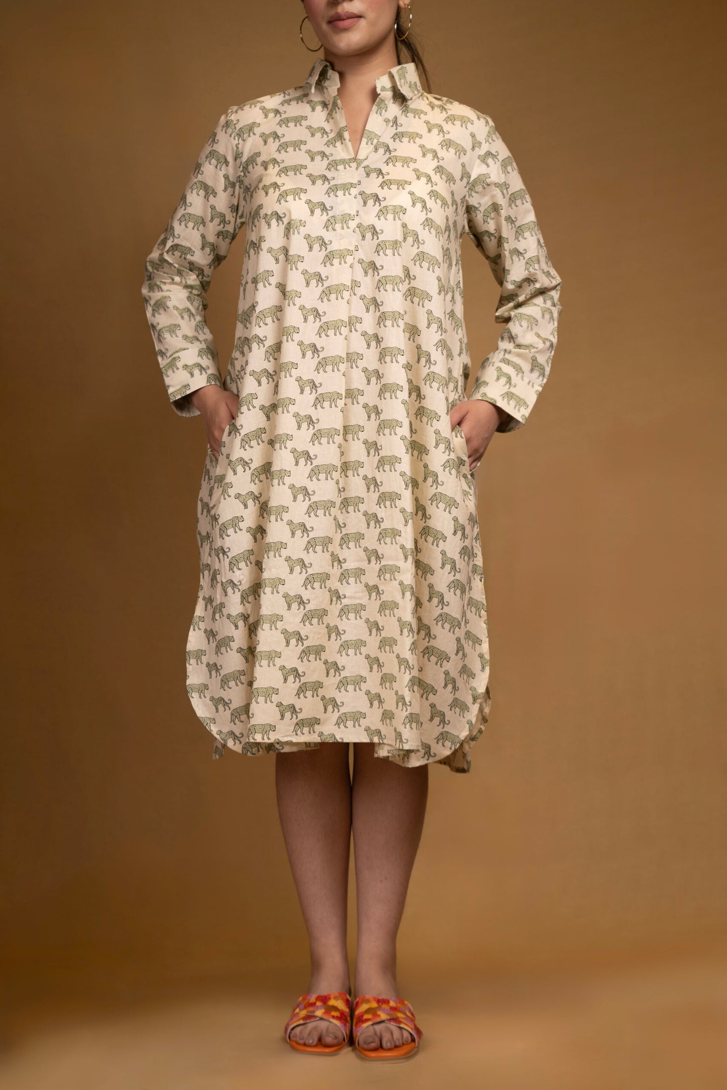 Animal print cotton dress with collar