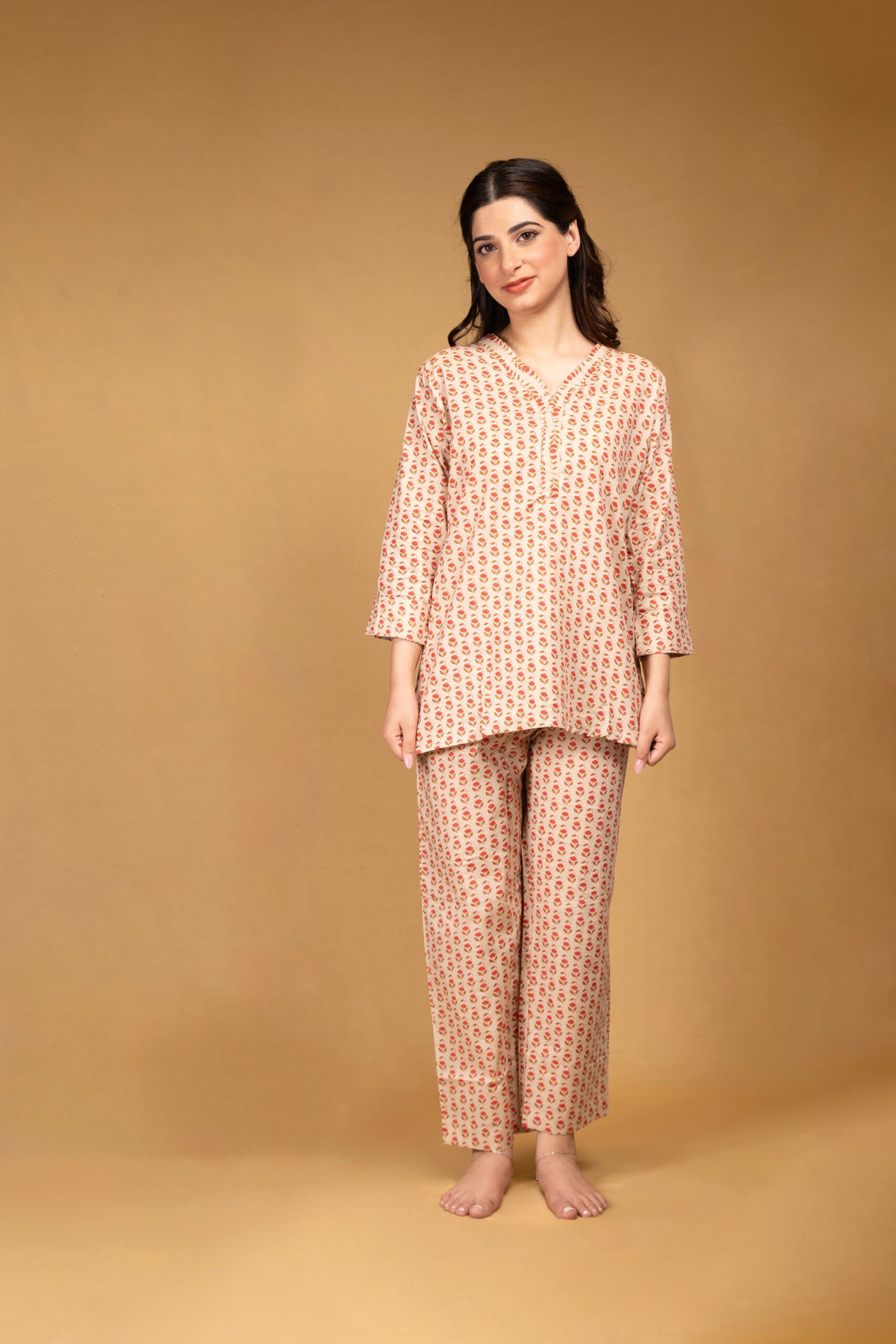 Beige printed lounge wear set