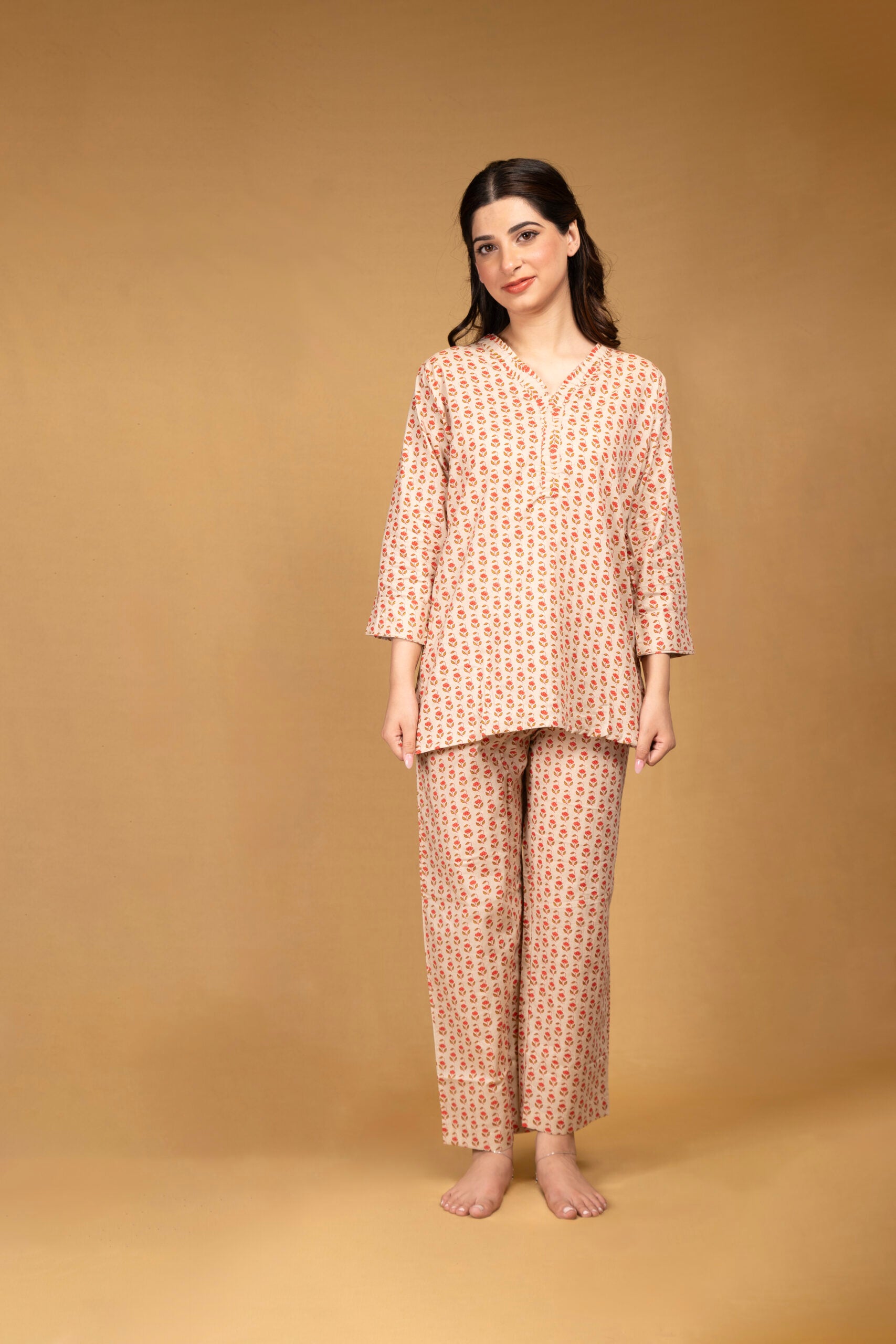 Beige printed lounge wear set