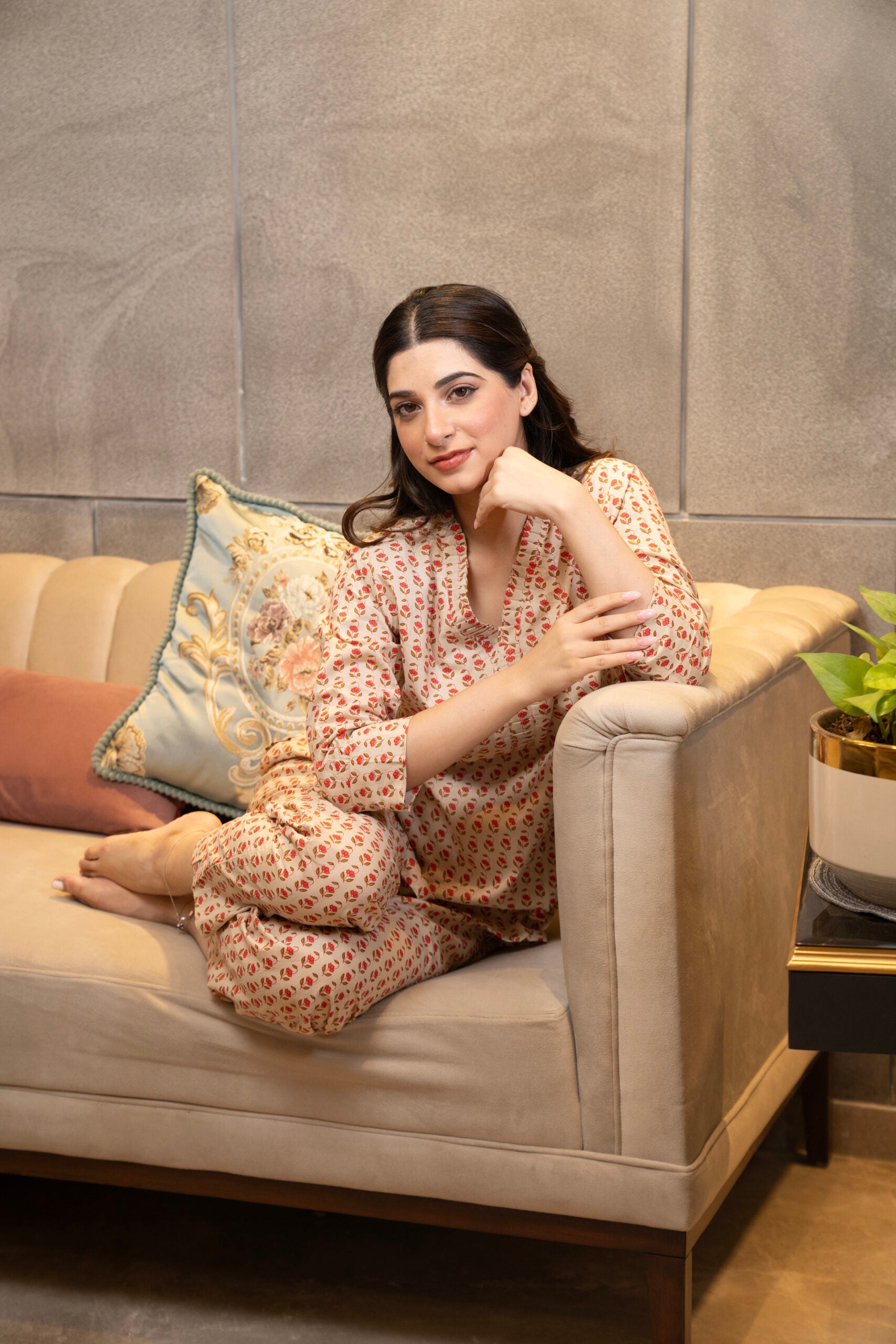 Beige printed lounge wear set