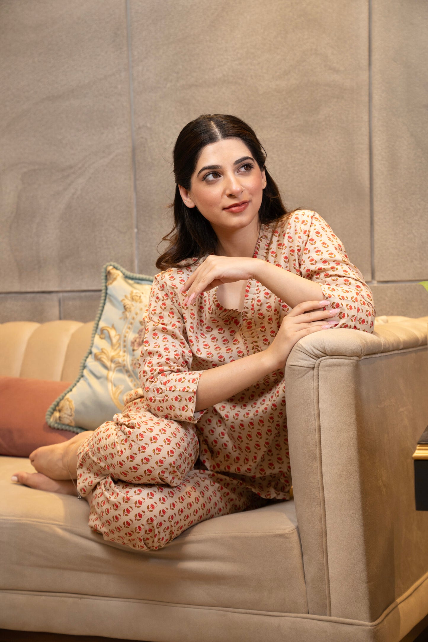 Beige printed lounge wear set