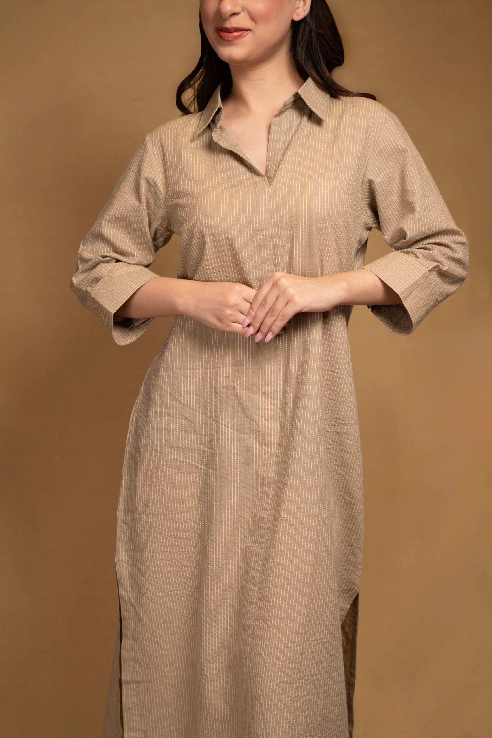 Beige staright collar dress