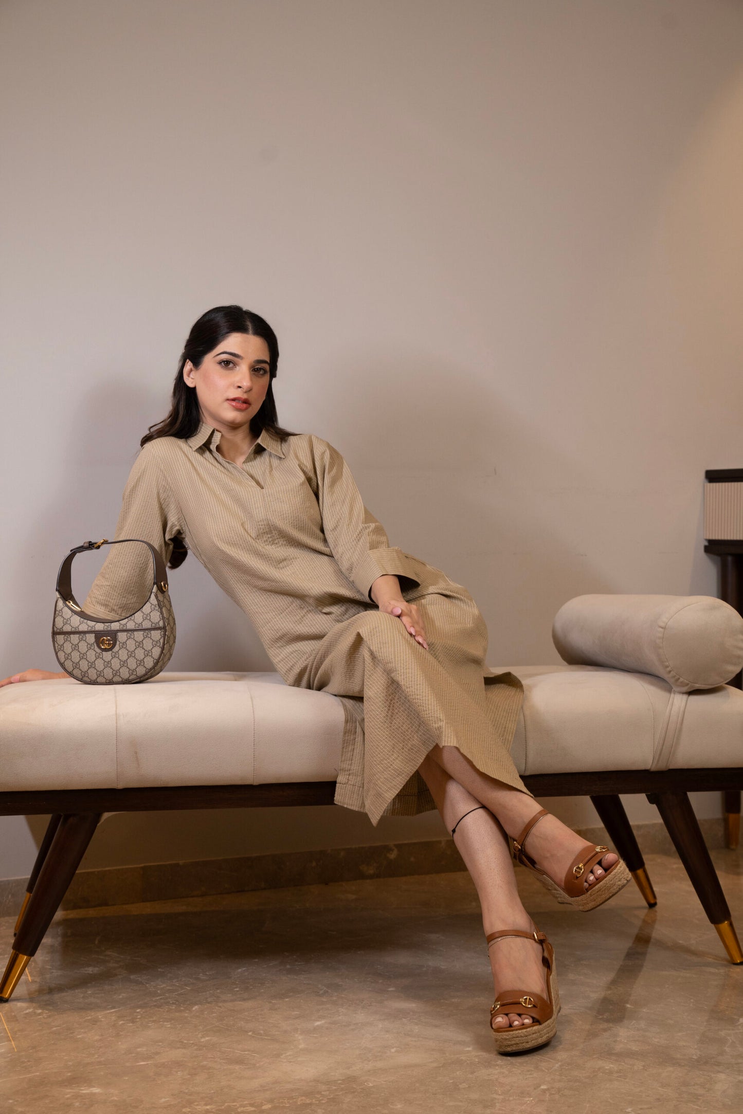 Beige staright collar dress