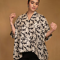 Black and off-white printed floral kaftan top