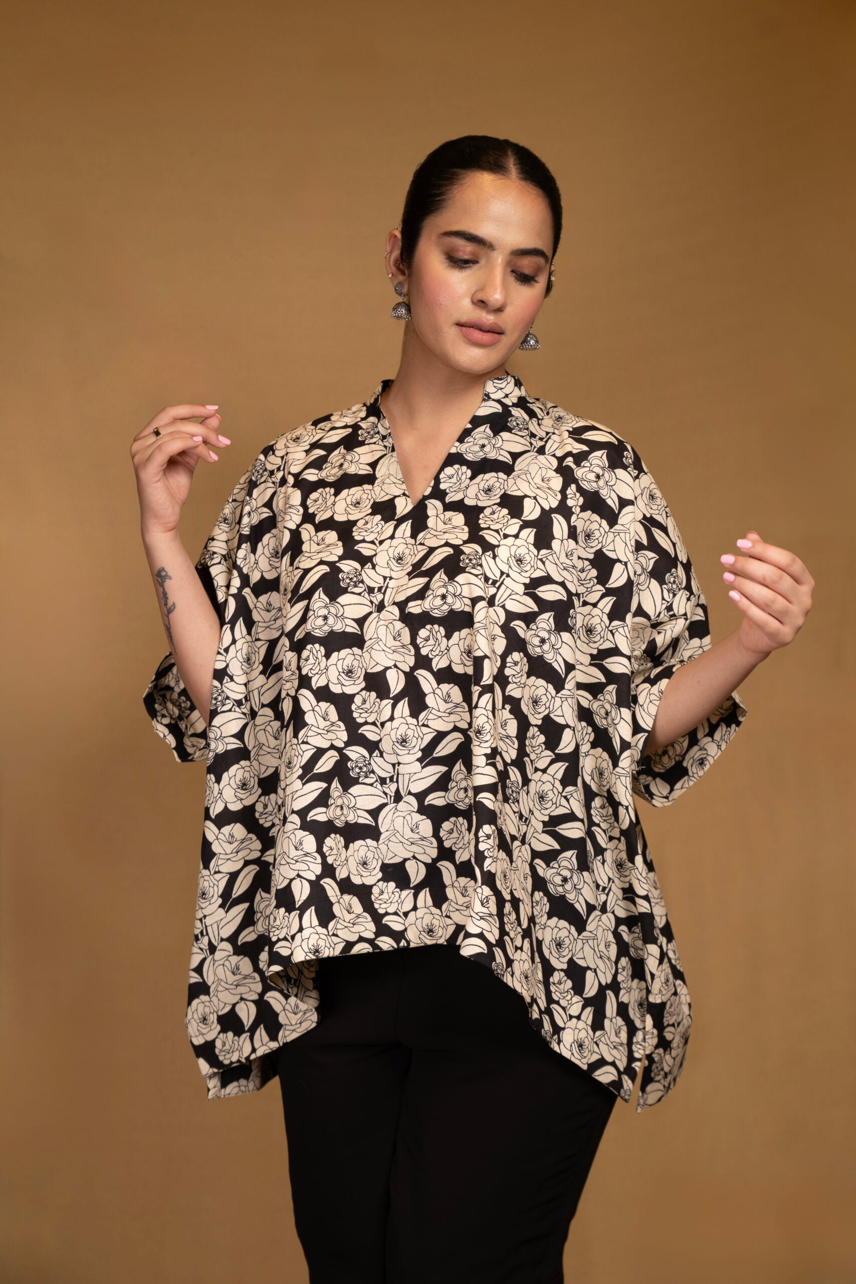 Black and off-white printed floral kaftan top
