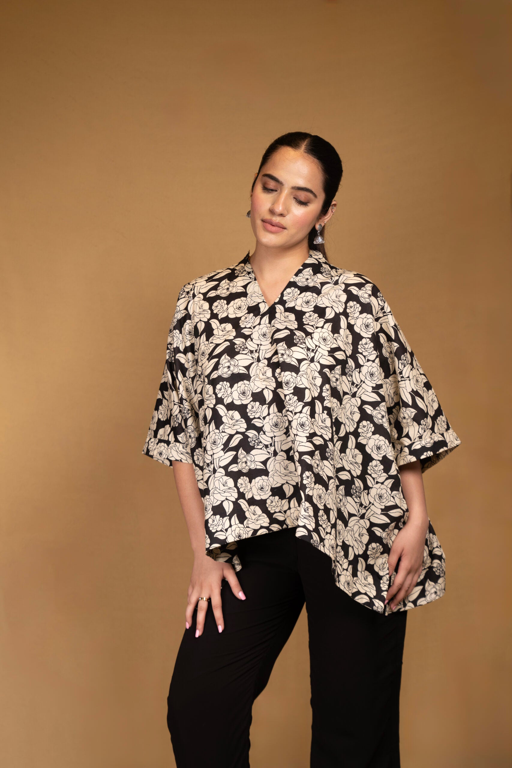 Black and off-white printed floral kaftan top
