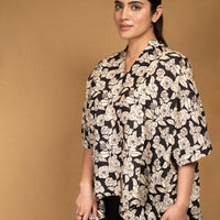 Black and off-white printed floral kaftan top