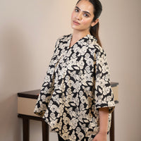 Black and off-white printed floral kaftan top
