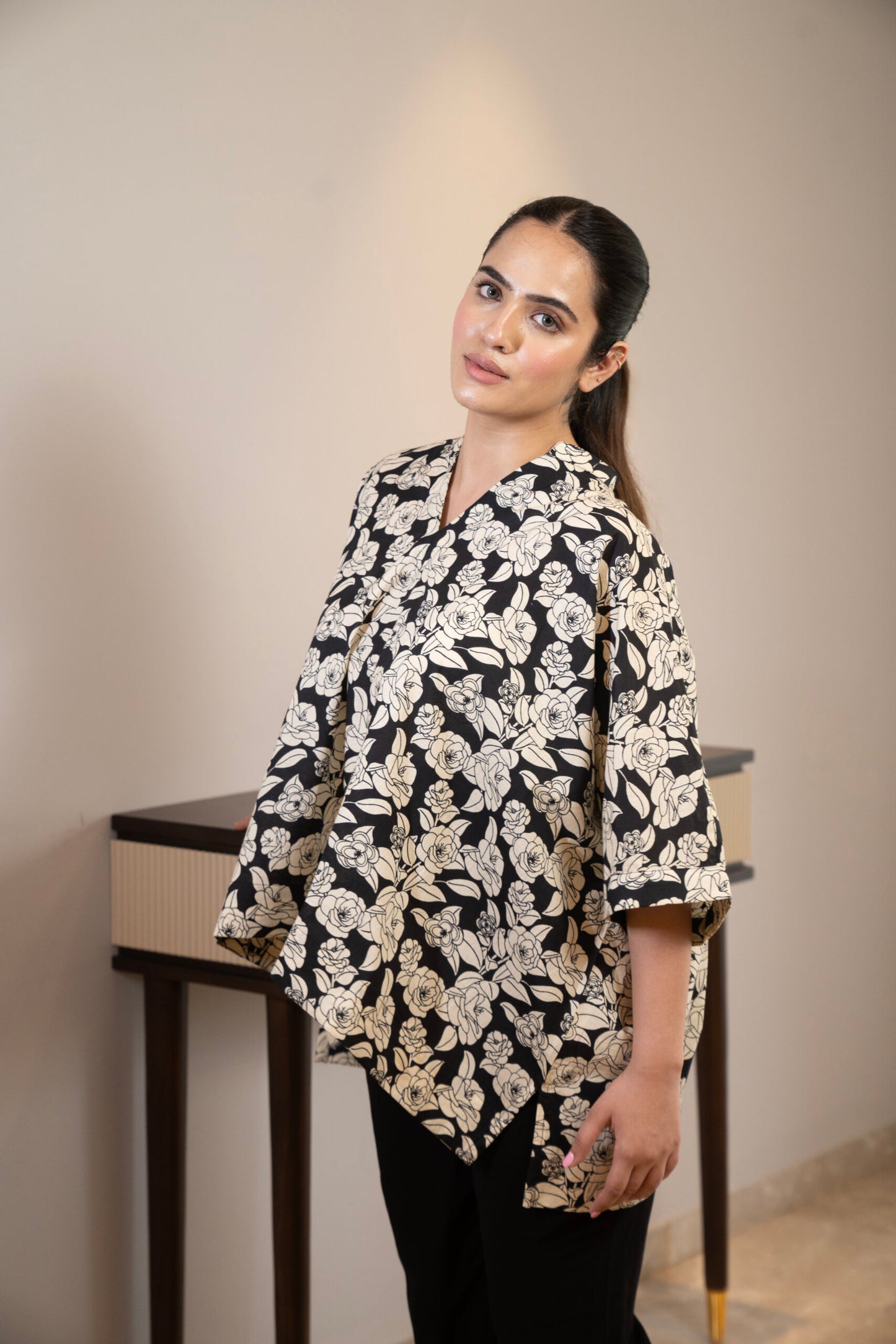 Black and off-white printed floral kaftan top