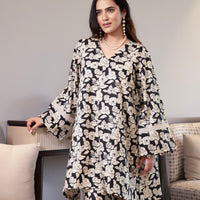 Black and off-white printed floral kurta with flared pants (Co-ord Set)