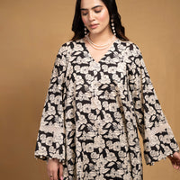 Black and off-white printed floral kurta with flared pants (Co-ord Set)