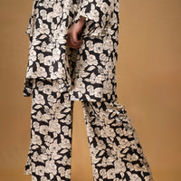 Black and off-white printed floral kurta with flared pants (Co-ord Set)