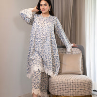 Blue and white printed floral kurta with straight pants (Co-ord Set)