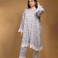 Blue and white printed floral kurta with straight pants (Co-ord Set)