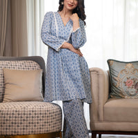 Blue dotted print V-neck Kurta with Afgani pants (Co-ord Set)