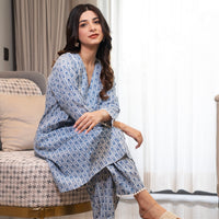 Blue dotted print V-neck Kurta with Afgani pants (Co-ord Set)