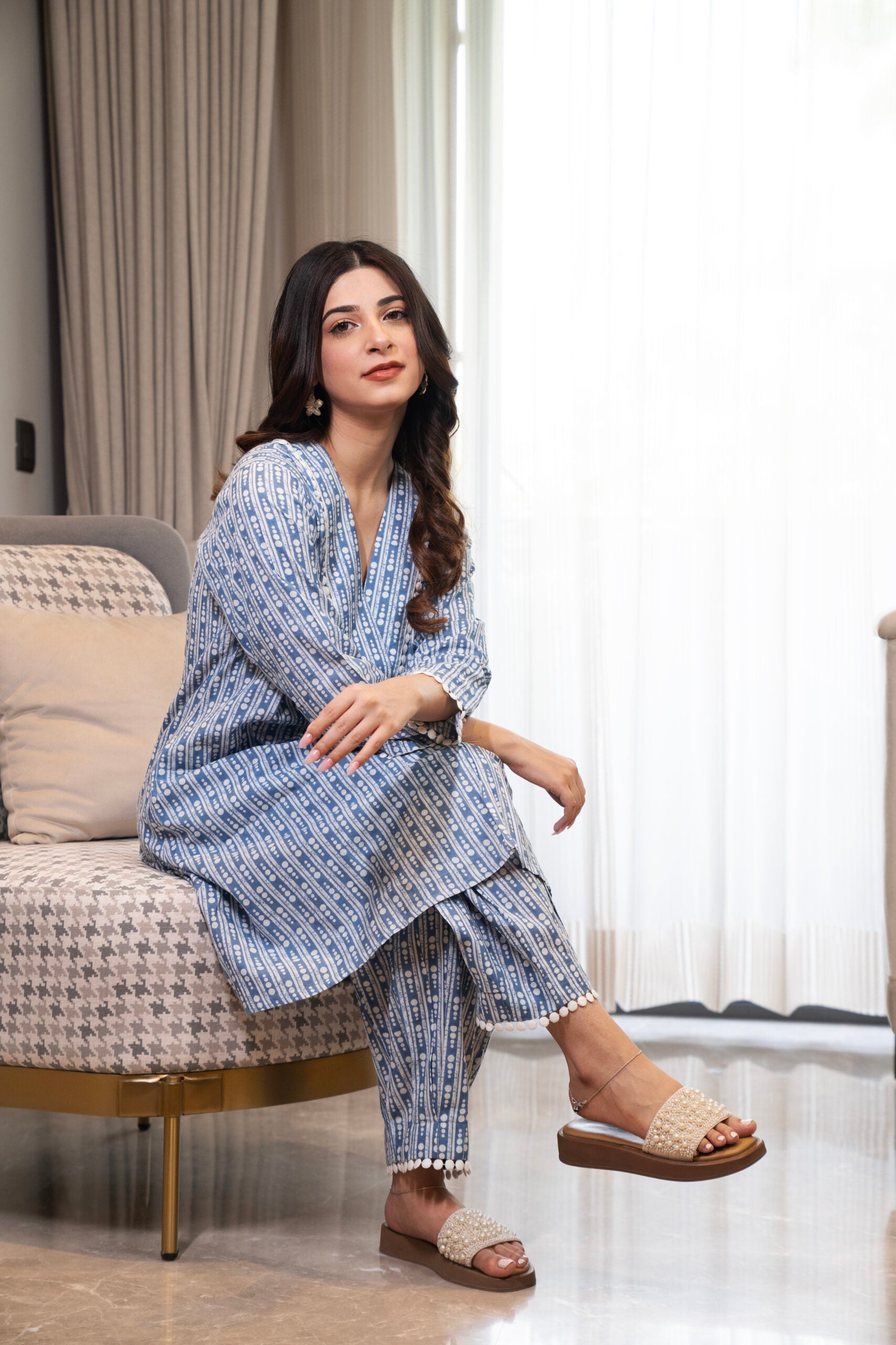 Blue dotted print V-neck Kurta with Afgani pants (Co-ord Set)
