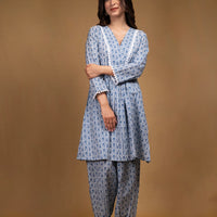 Blue dotted print V-neck Kurta with Afgani pants (Co-ord Set)
