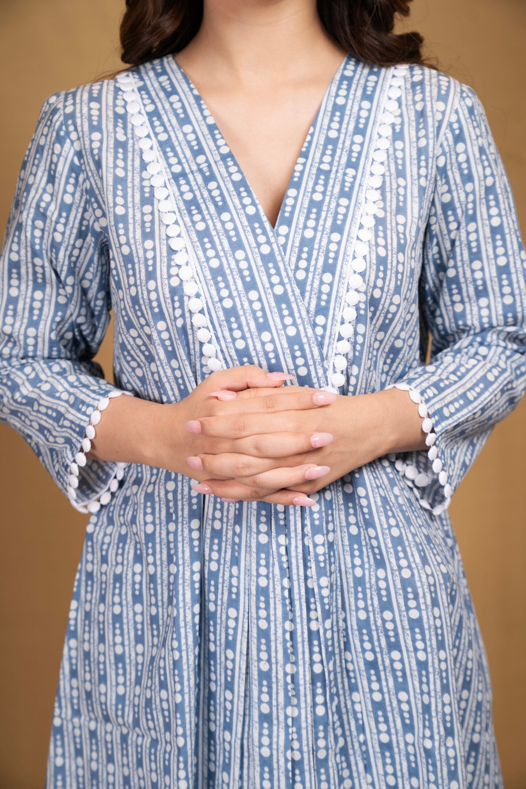 Blue dotted print V-neck Kurta with Afgani pants (Co-ord Set)