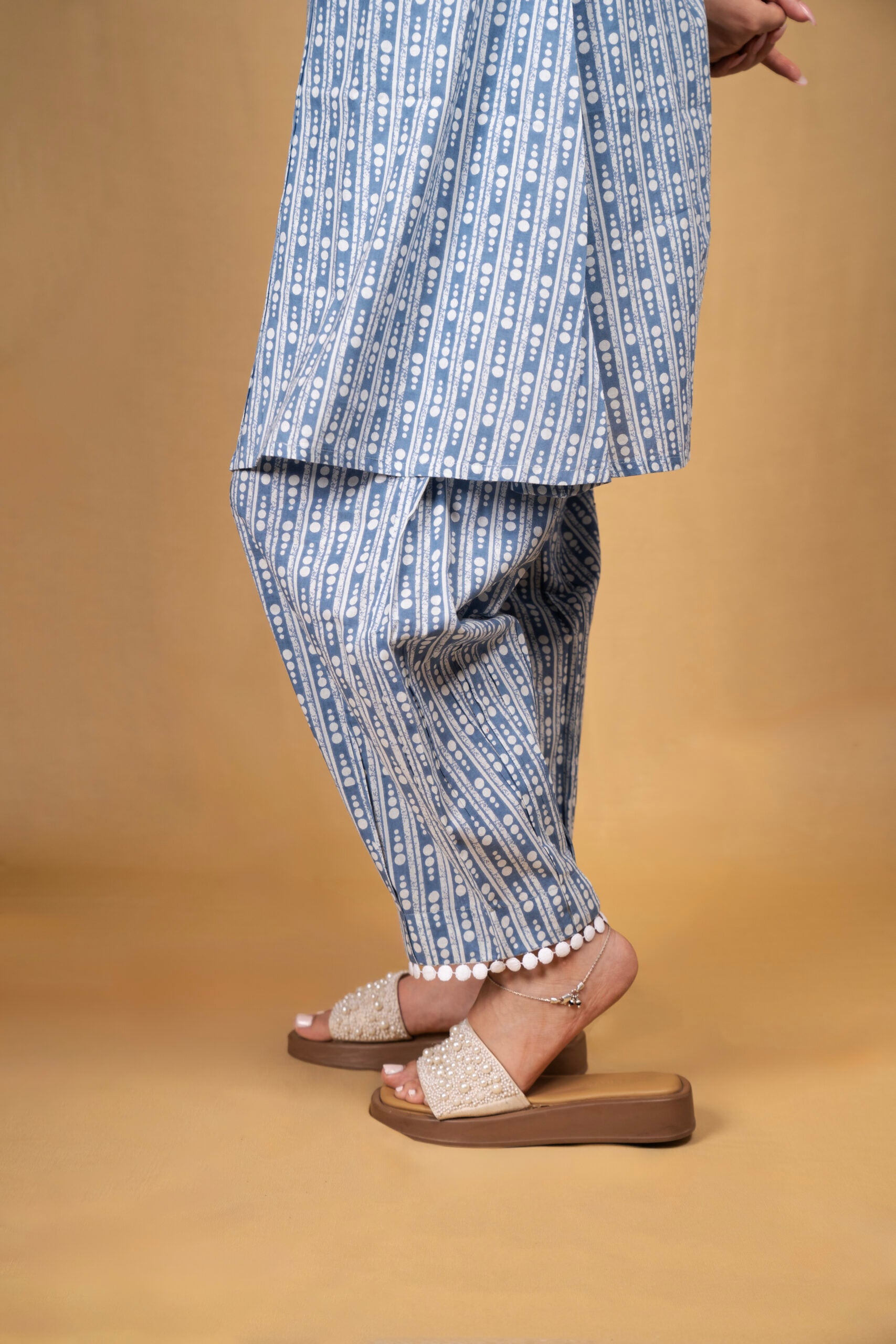 Blue dotted print V-neck Kurta with Afgani pants (Co-ord Set)