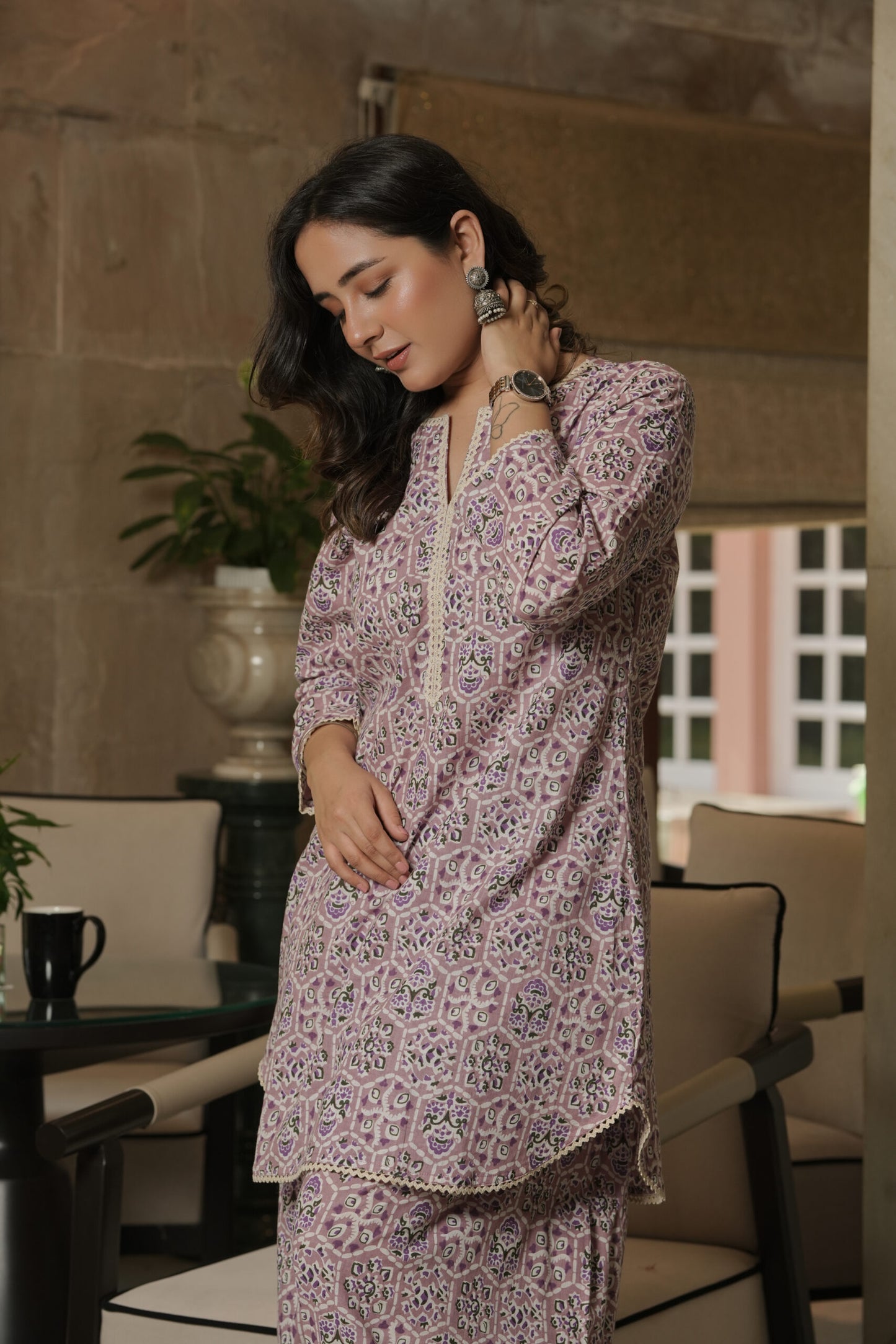 Hand-Block Printed Mauve kurta With Farshi Salwar (Set of 2)