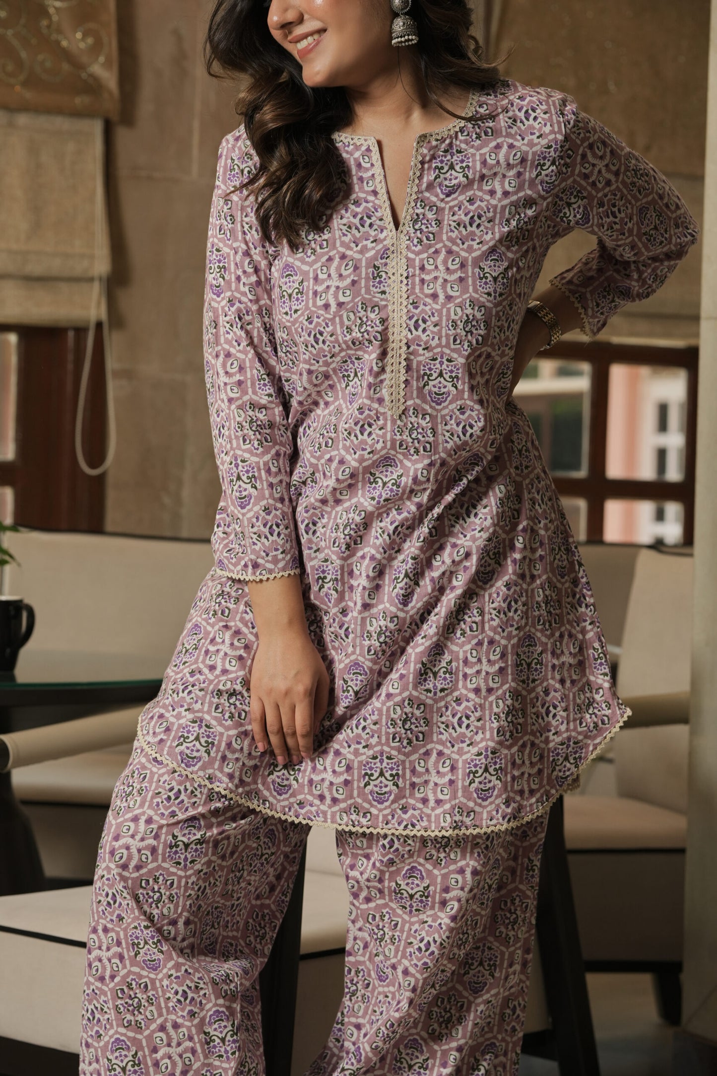 Hand-Block Printed Mauve kurta With Farshi Salwar (Set of 2)