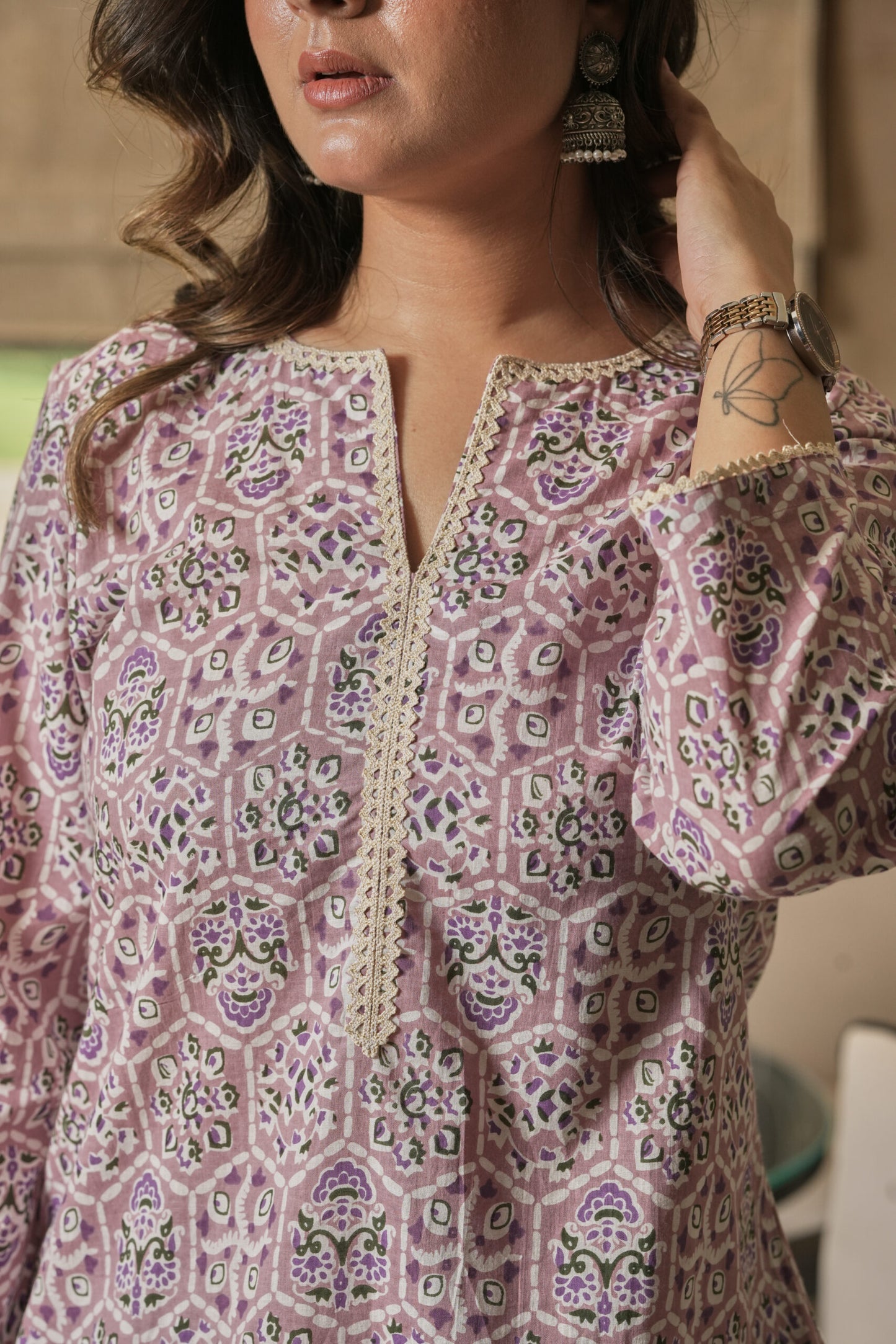 Hand-Block Printed Mauve kurta With Farshi Salwar (Set of 2)