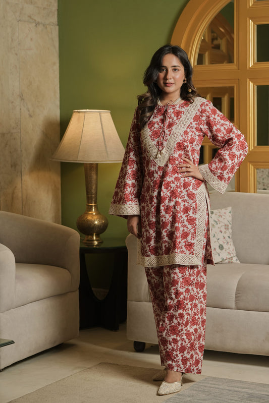 Red floral Kurta with Farshi Salwar (Set of 2)