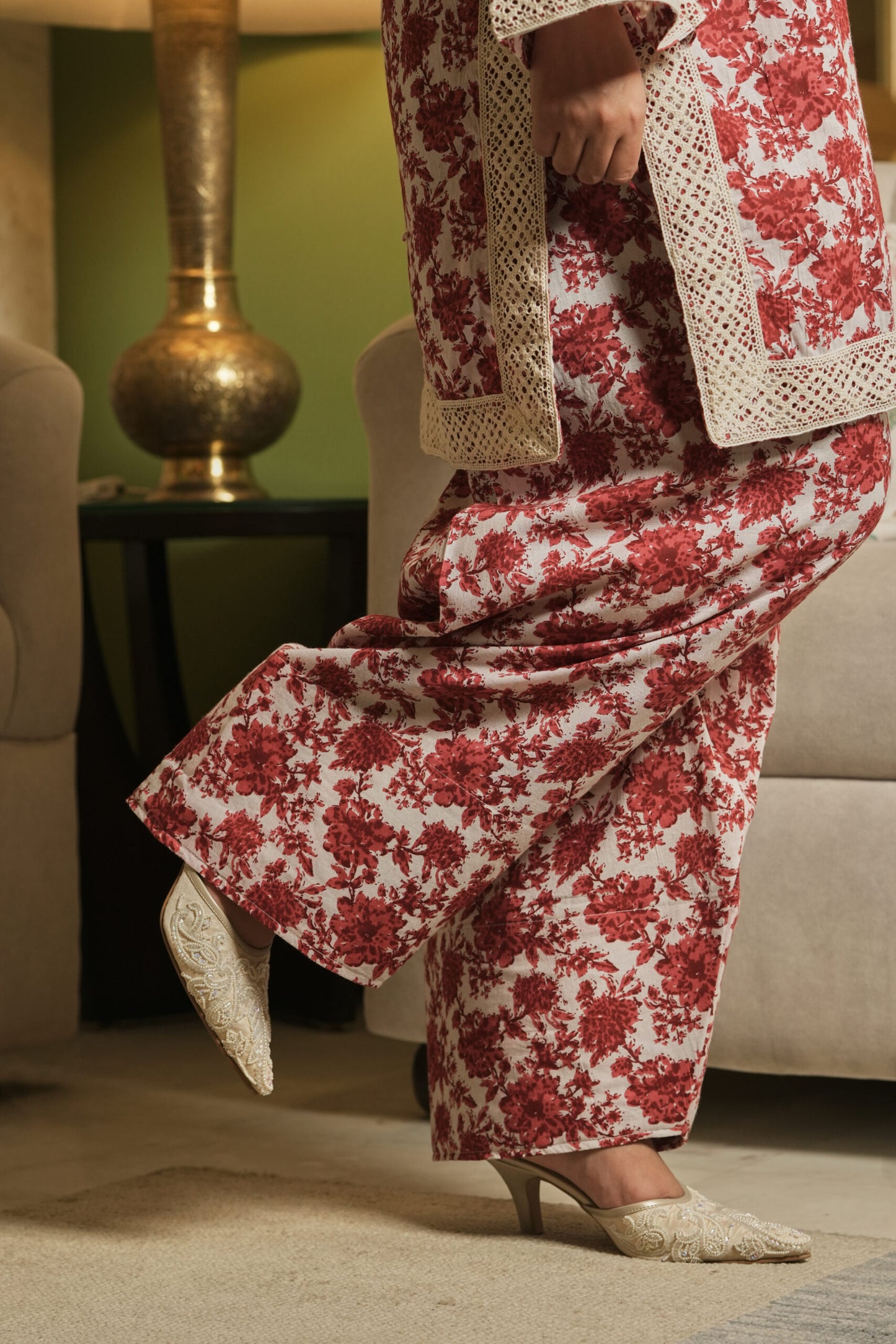 Red floral Kurta with Farshi Salwar (Set of 2)