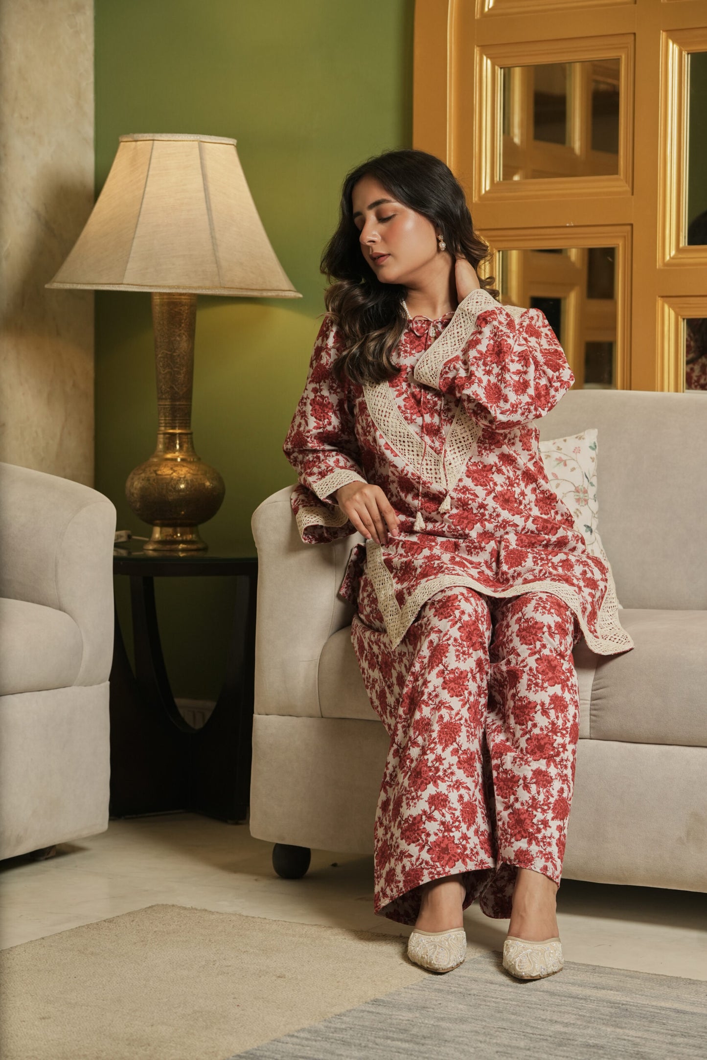 Red floral Kurta with Farshi Salwar (Set of 2)