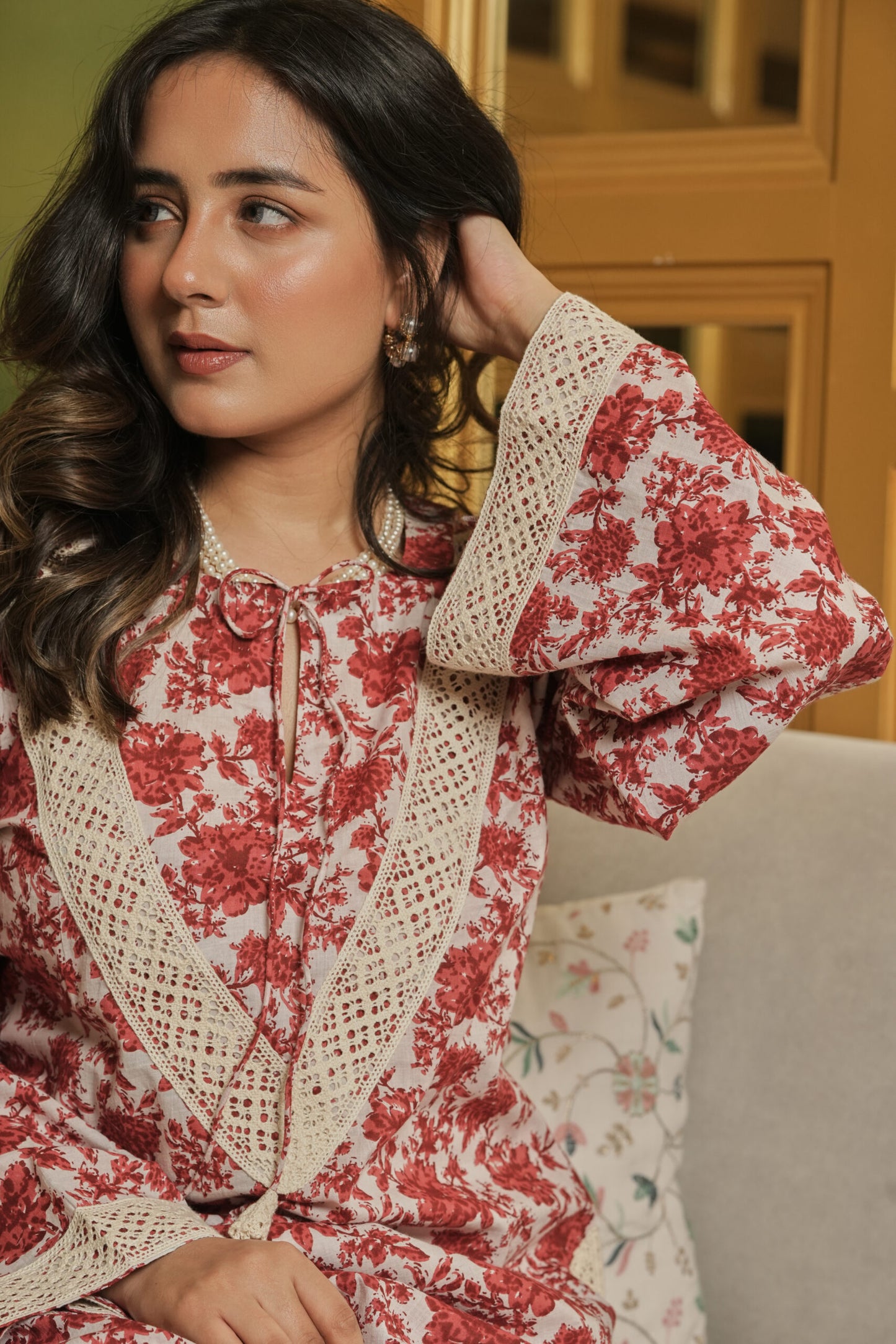 Red floral Kurta with Farshi Salwar (Set of 2)
