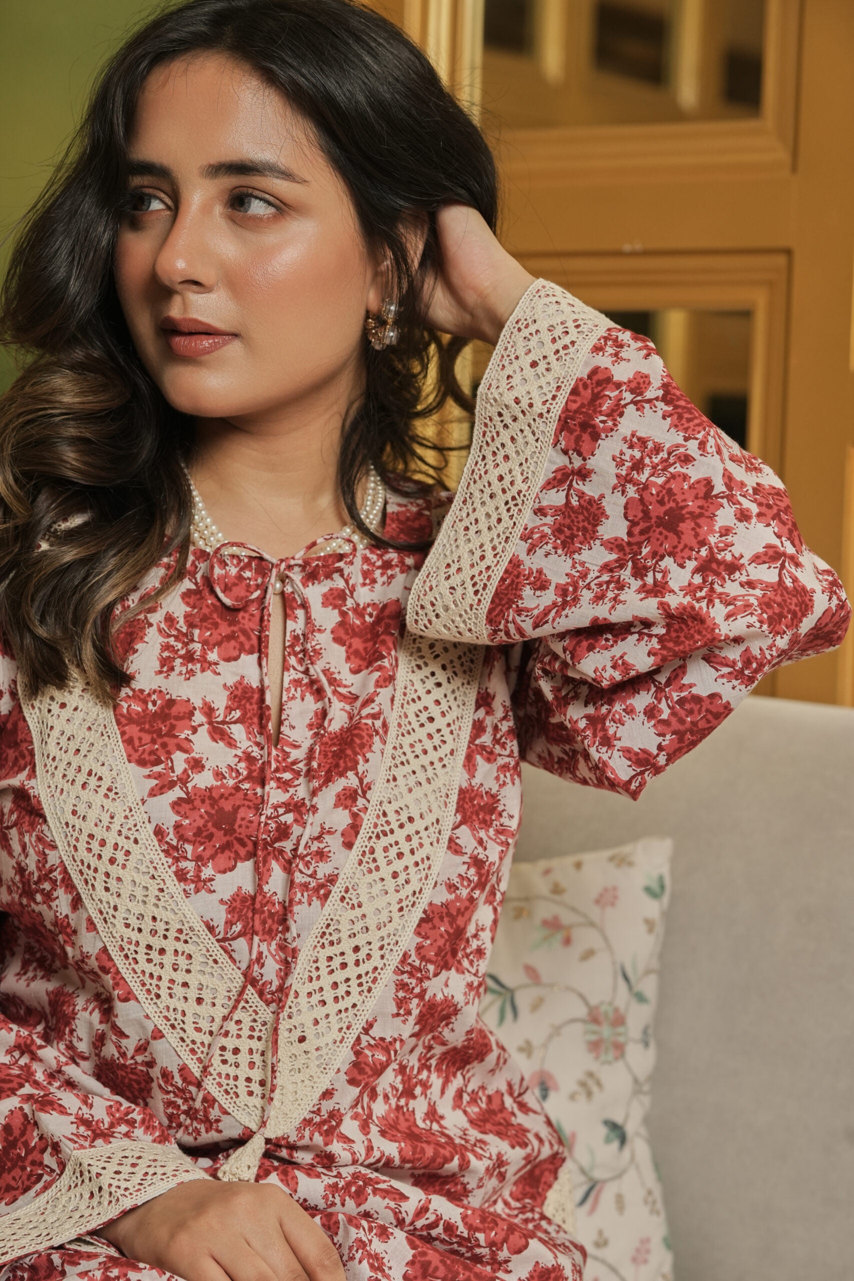 Red floral Kurta with Farshi Salwar (Set of 2)