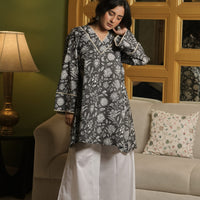 Grey Kurta With Floral Motifs and Flared White Pants (Set of 2)