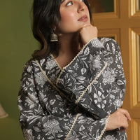Grey Kurta With Floral Motifs and Flared White Pants (Set of 2)