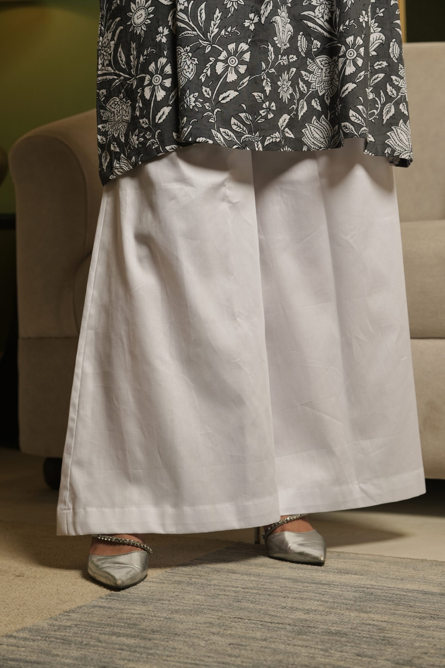 Grey Kurta With Floral Motifs and Flared White Pants (Set of 2)