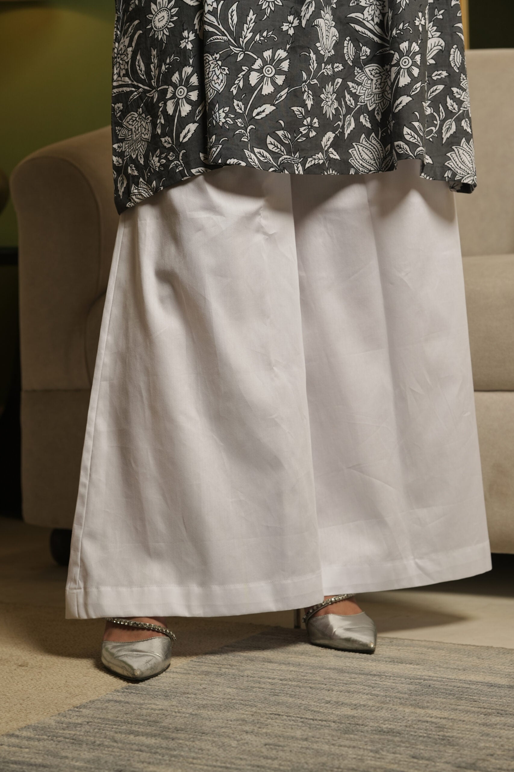 Grey Kurta With Floral Motifs and Flared White Pants (Set of 2)