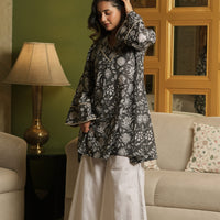 Grey Kurta With Floral Motifs and Flared White Pants (Set of 2)