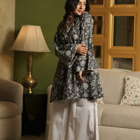 Grey Kurta With Floral Motifs and Flared White Pants (Set of 2)